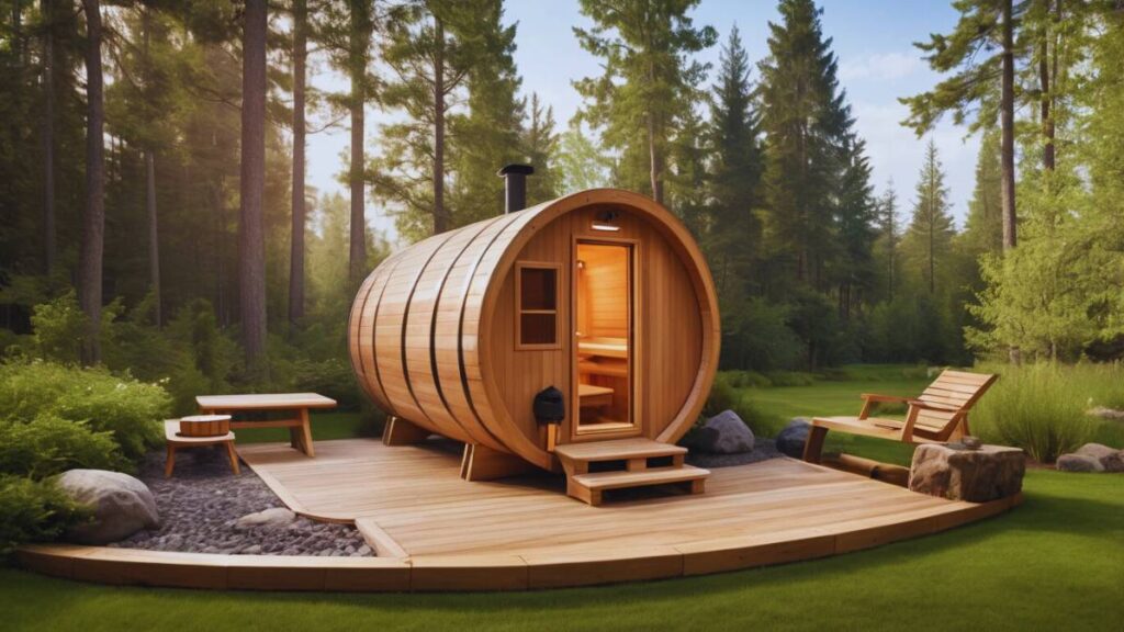 barrel sauna in backyard