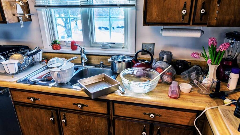 messy kitchen.