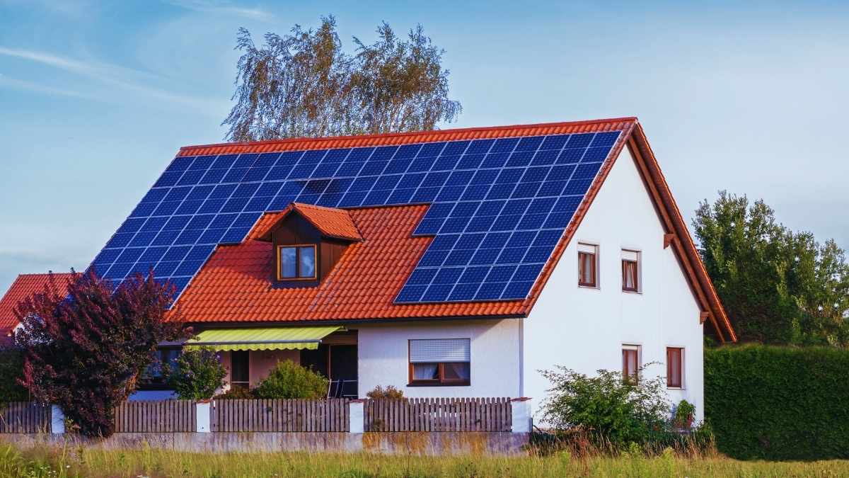 House with solar panels in roof