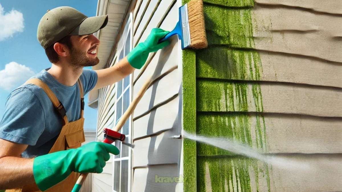 A person pressure washing algae from siding.