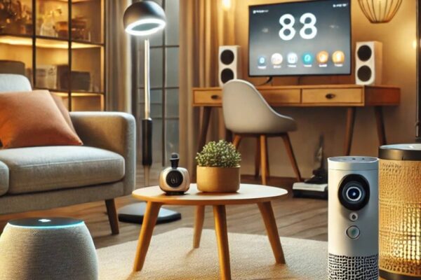 Small living space with smart home gadgets.