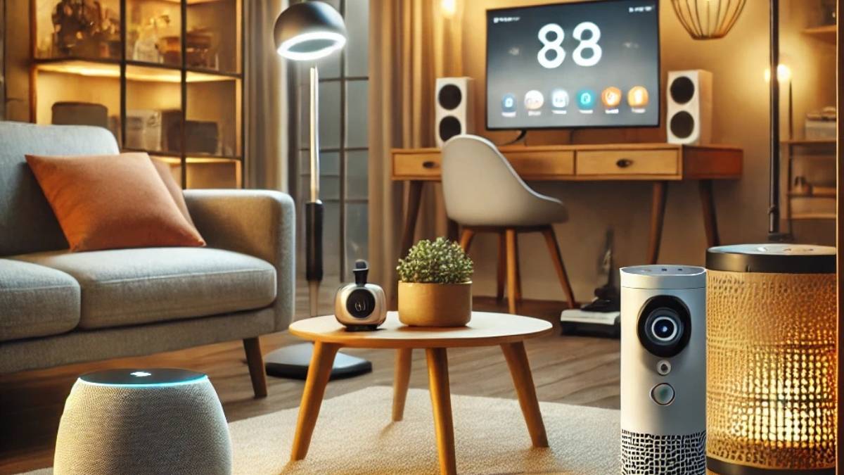 Small living space with smart home gadgets.